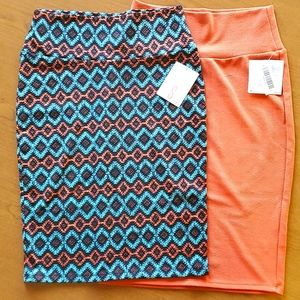 Aztec Blue & Orange and Solid Orange set of (2) pencil skirts